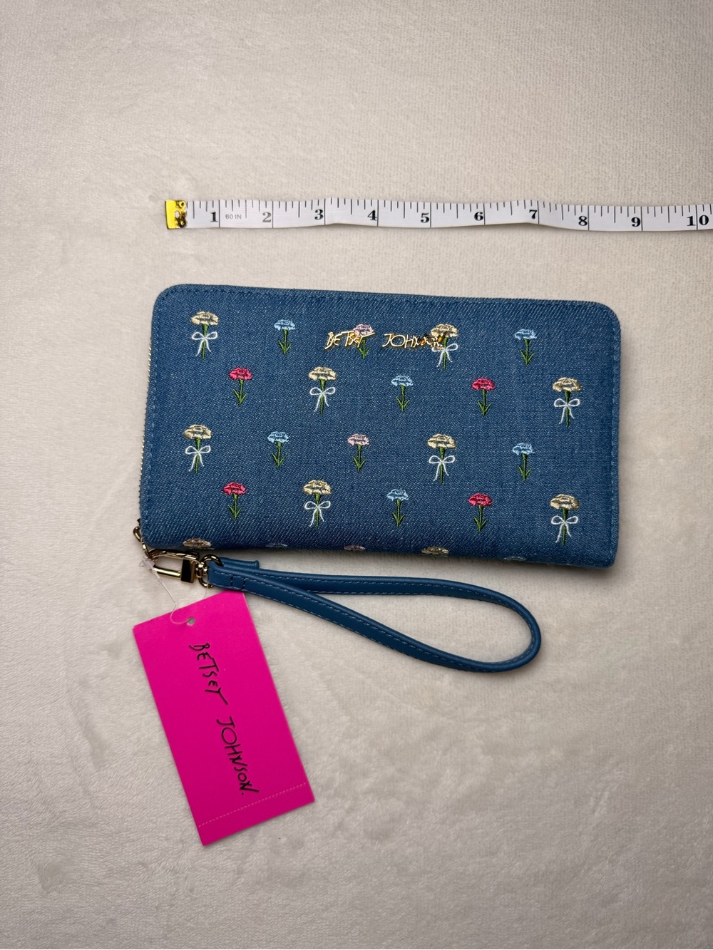 Betsey Johnson Denim Floral Embroidered Zip Wallet NWT